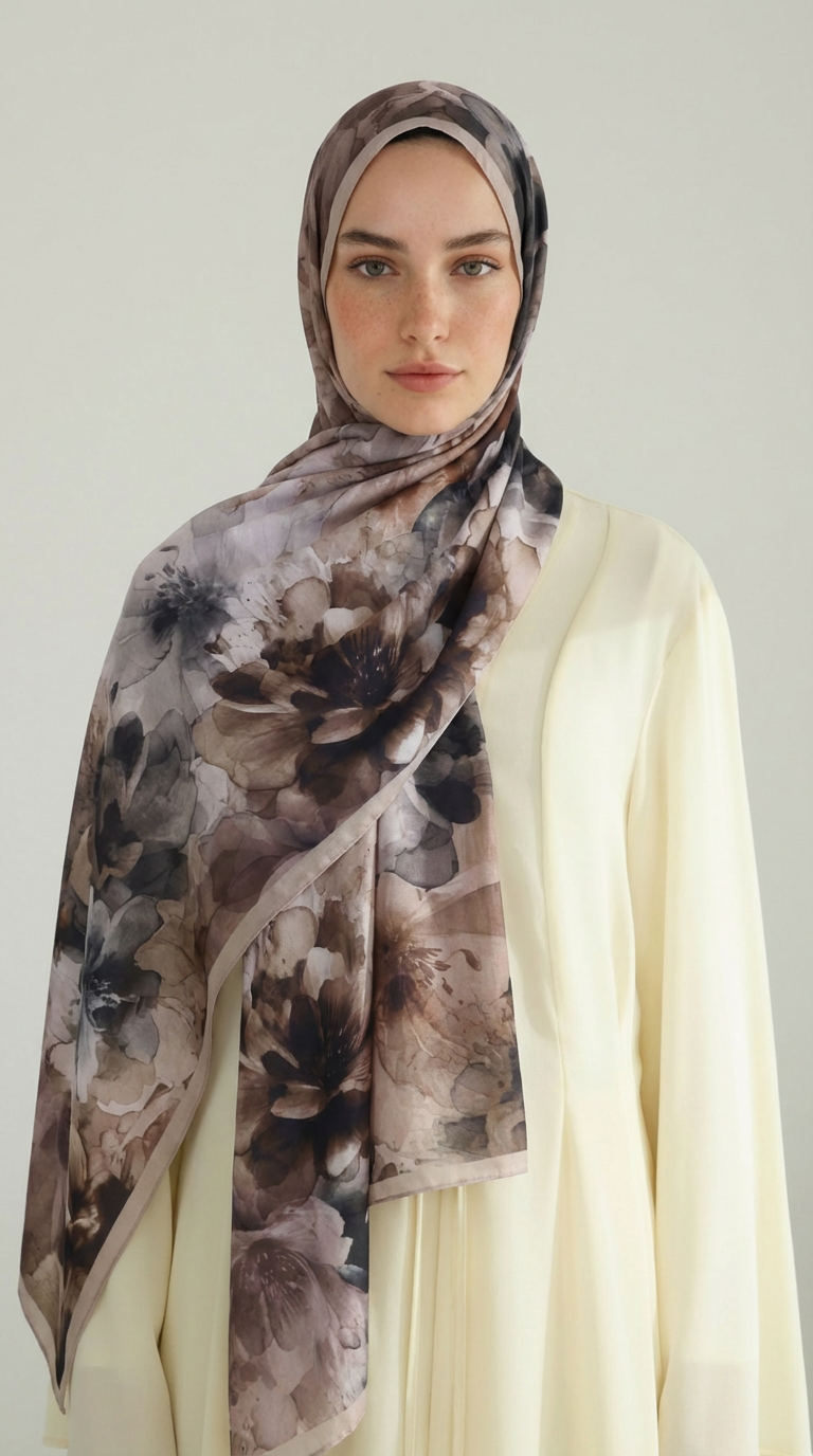 ÇİÇEK DESENLİ COTTON ŞAL -KAHVERENGİ / BEJ