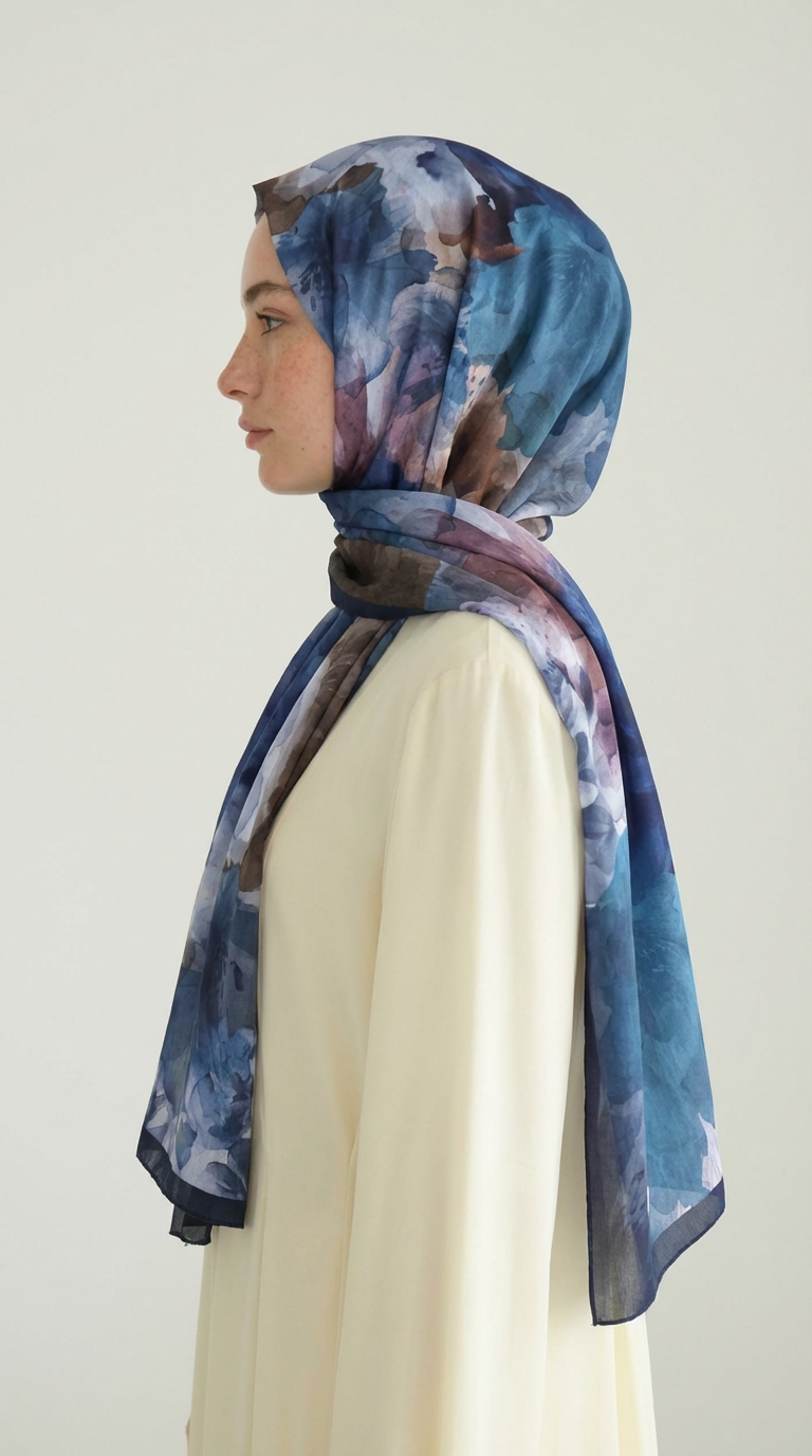 ÇİÇEK DESENLİ COTTON ŞAL - LACİVERT / KAHVERENGİ 