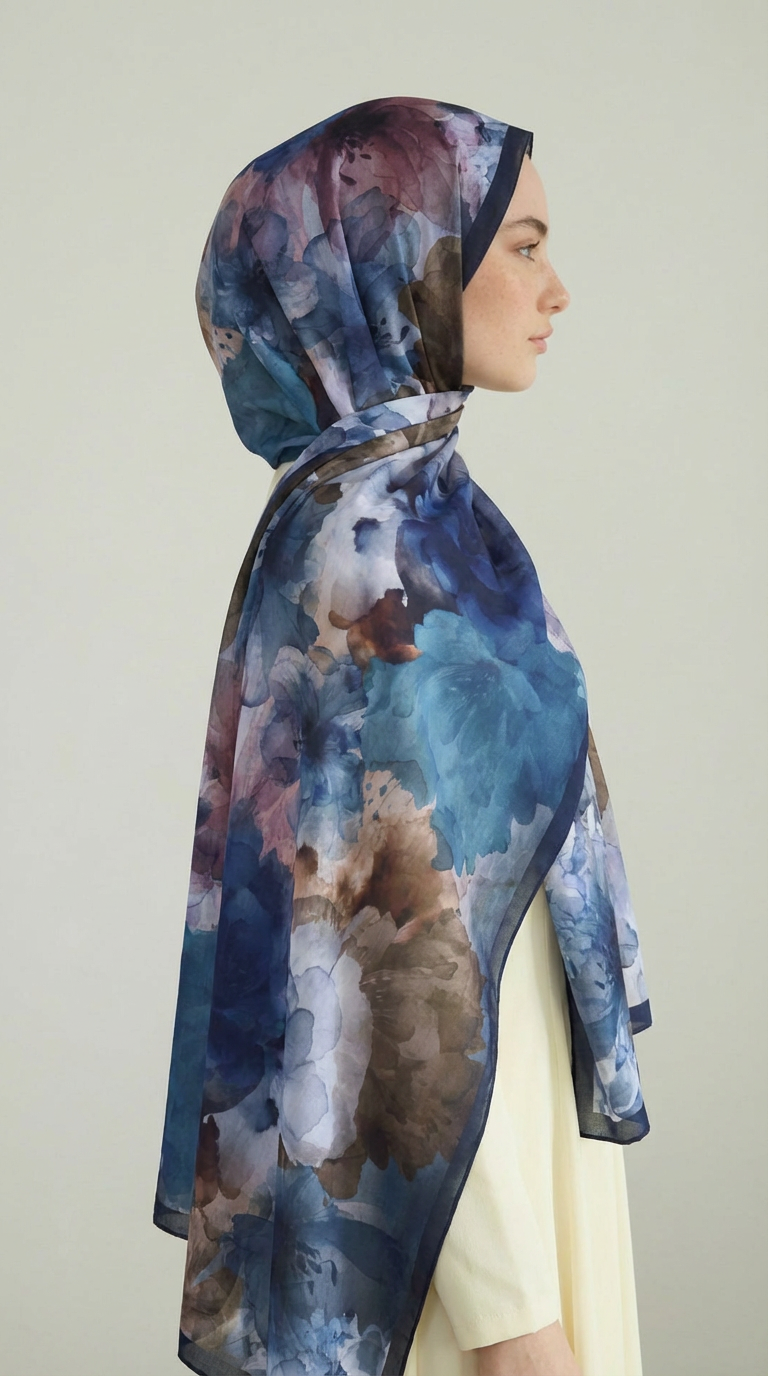 ÇİÇEK DESENLİ COTTON ŞAL - LACİVERT / KAHVERENGİ 