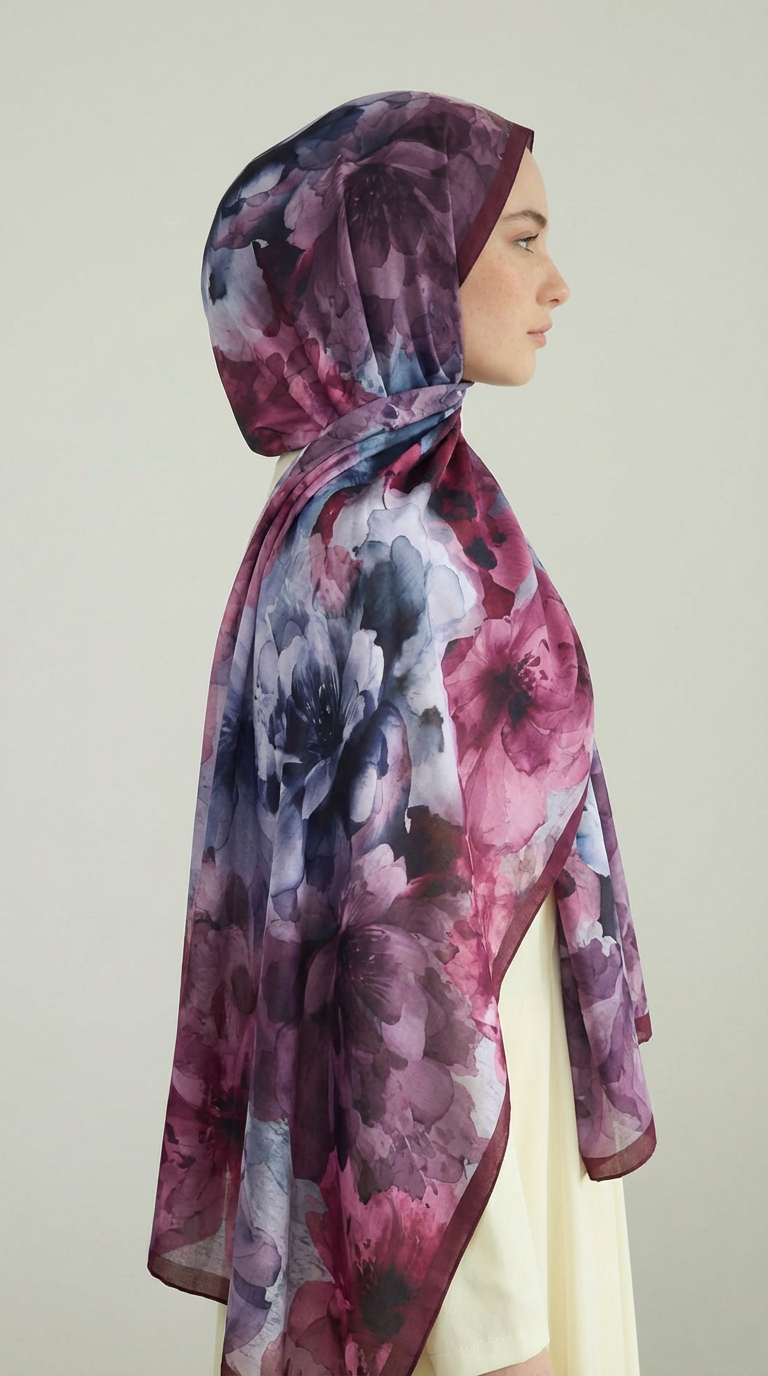 ÇİÇEK DESENLİ COTTON ŞAL - MAVİ / MOR 