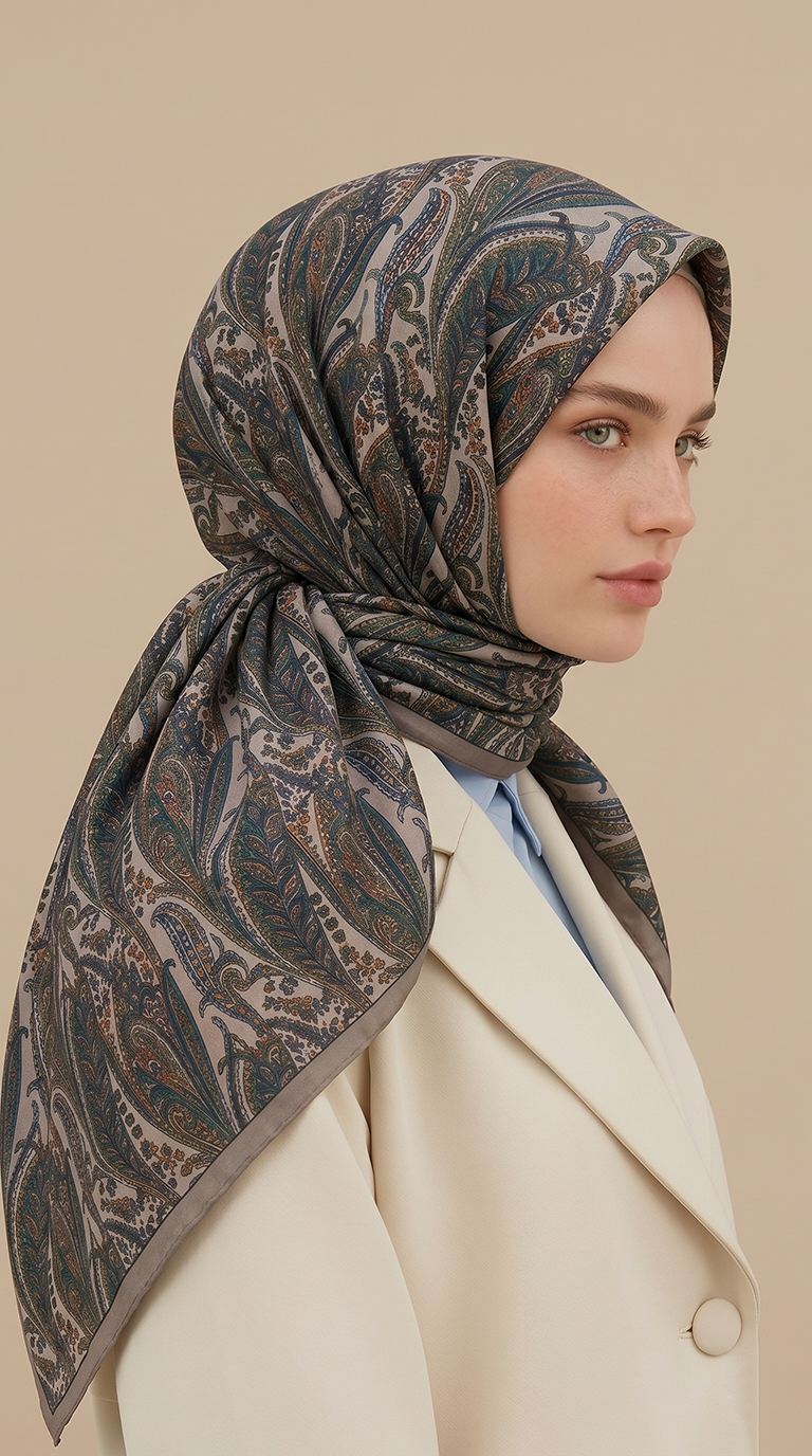 EFSUN DESENLİ 120*120 CM COTTON EŞARP - BEJ / YEŞİL