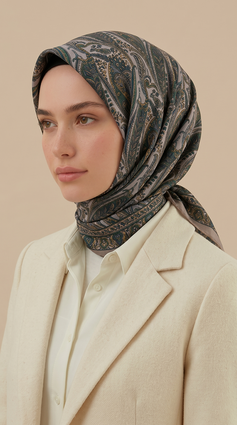 EFSUN DESENLİ 120*120 CM COTTON EŞARP - BEJ / YEŞİL