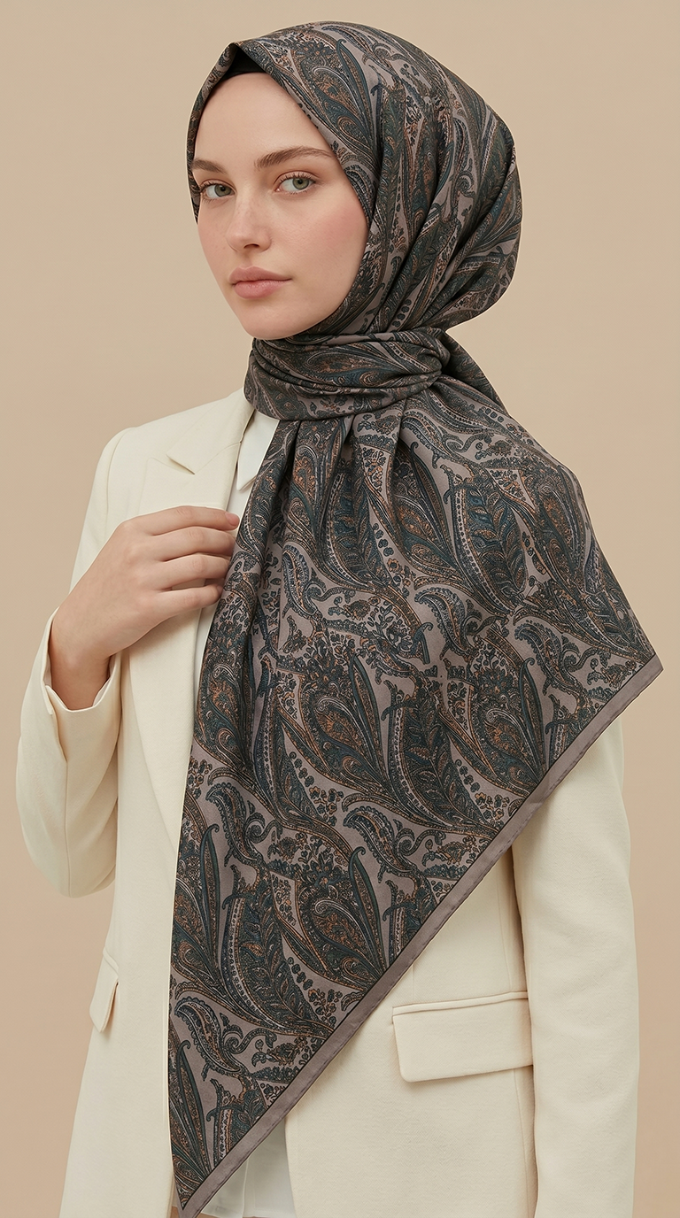 EFSUN DESENLİ 120*120 CM COTTON EŞARP - BEJ / YEŞİL