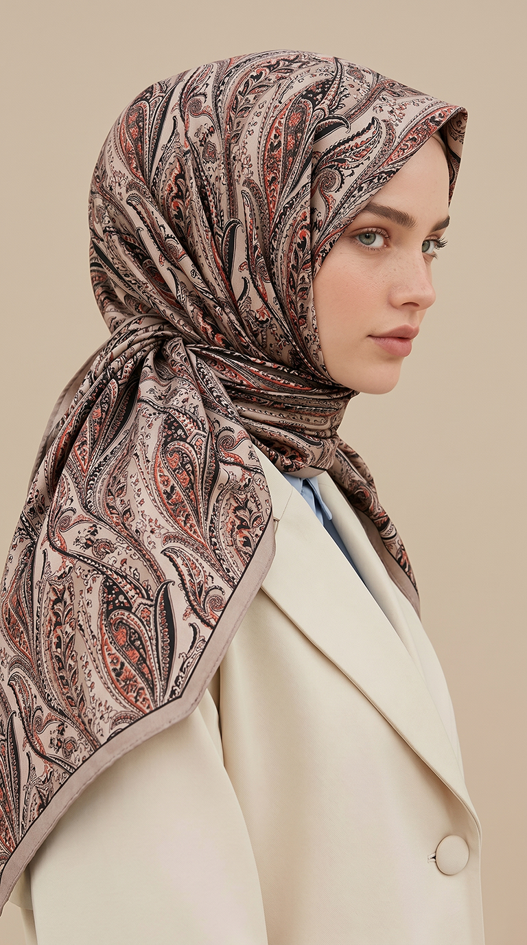 EFSUN DESENLİ 120*120 CM COTTON EŞARP - KREM / TURUNCU 
