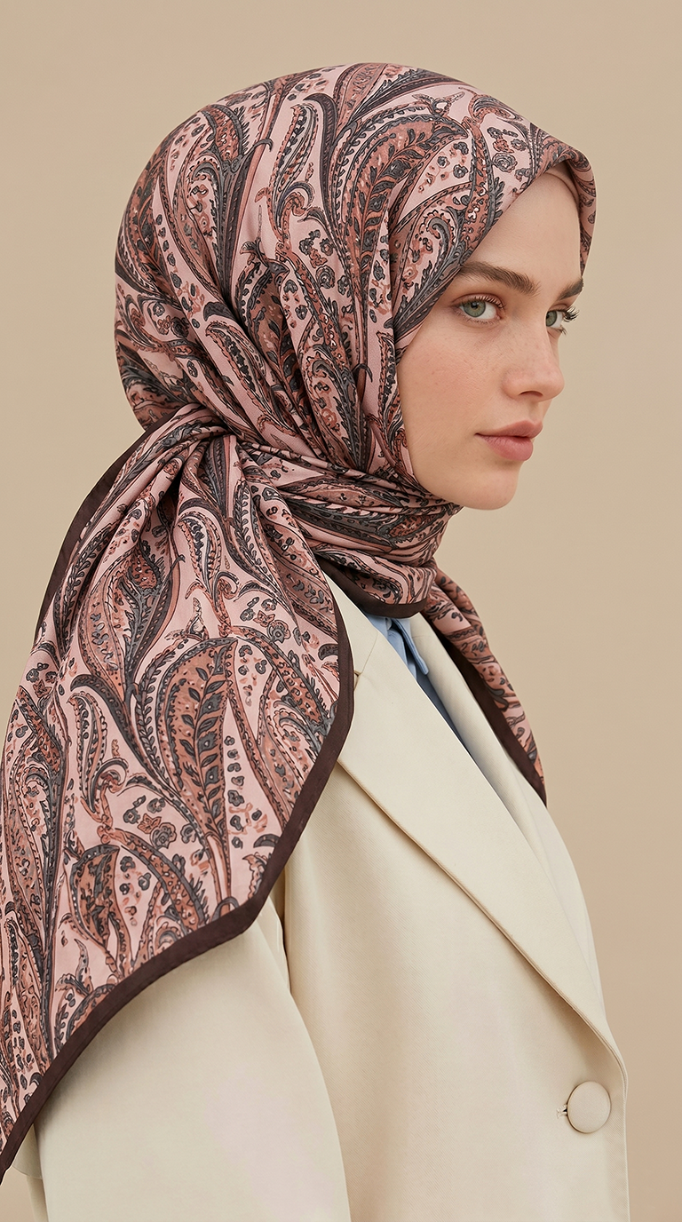 EFSUN DESENLİ 120*120 CM COTTON EŞARP - KAHVERENGİ / KREM