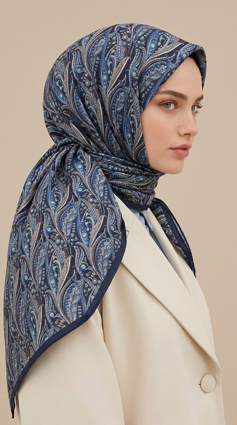 EFSUN DESENLİ 120*120 CM COTTON EŞARP -  LACİVERT