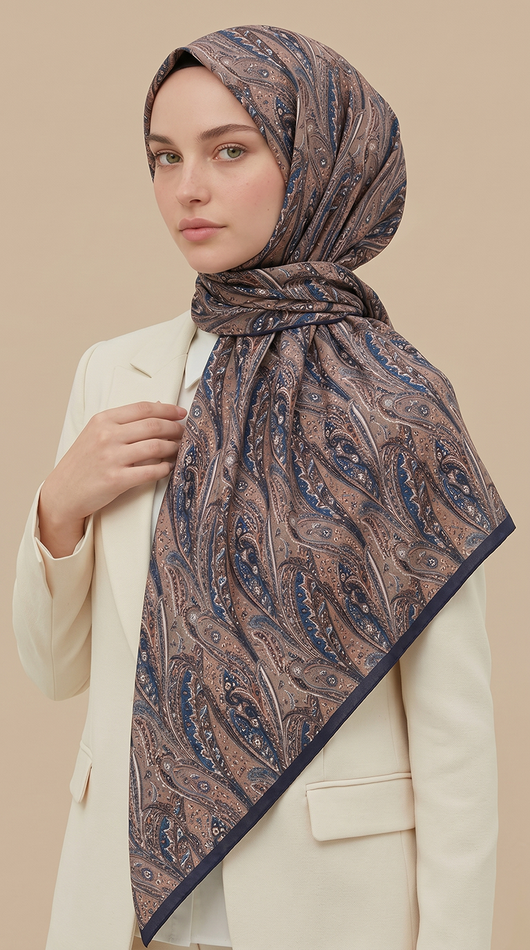 EFSUN DESENLİ 120*120 CM COTTON EŞARP - LACİVERT / BEJ