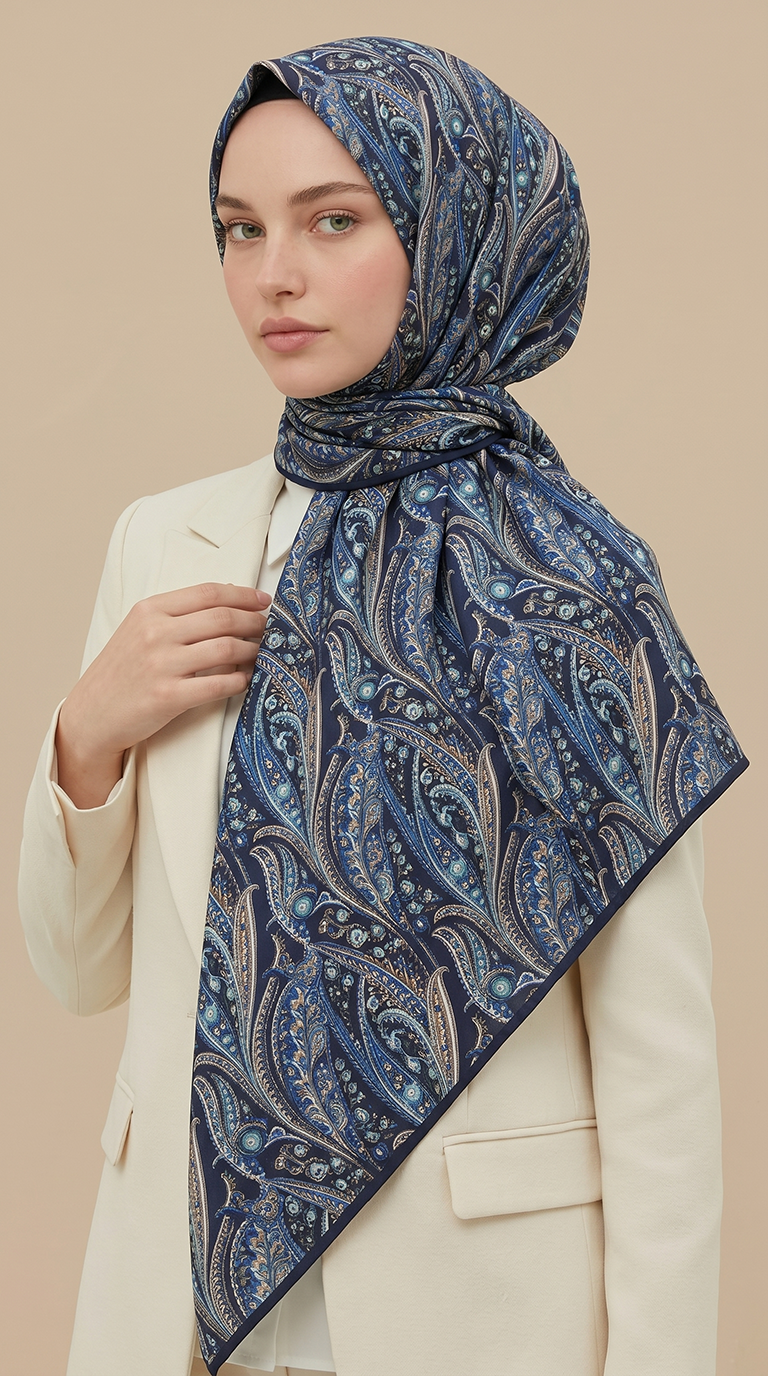 EFSUN DESENLİ 120*120 CM COTTON EŞARP -  LACİVERT