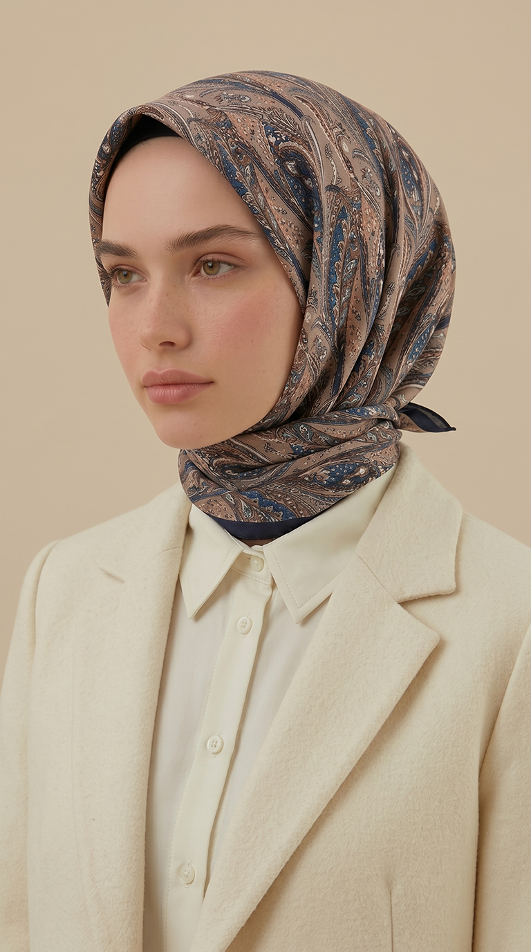 EFSUN DESENLİ 120*120 CM COTTON EŞARP - LACİVERT / BEJ