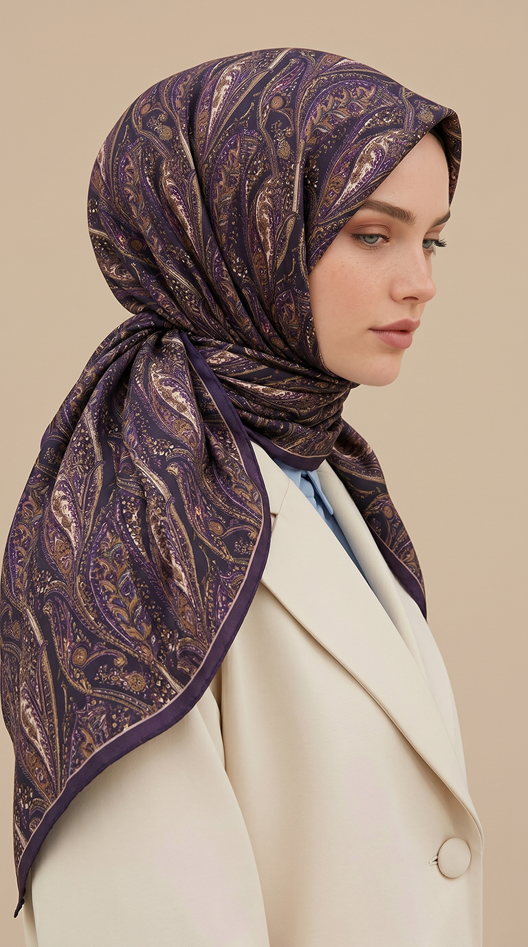 EFSUN DESENLİ 120*120 CM COTTON EŞARP - MOR -/ KİREMİT