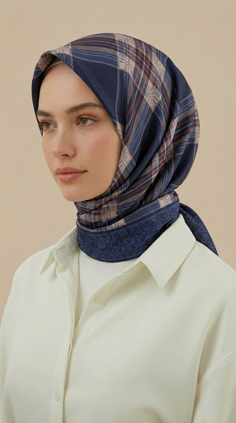 EKOSE DESENLİ 100*1OO CM COTTON EŞARP -  LACİVERT / KIRMIZI 
