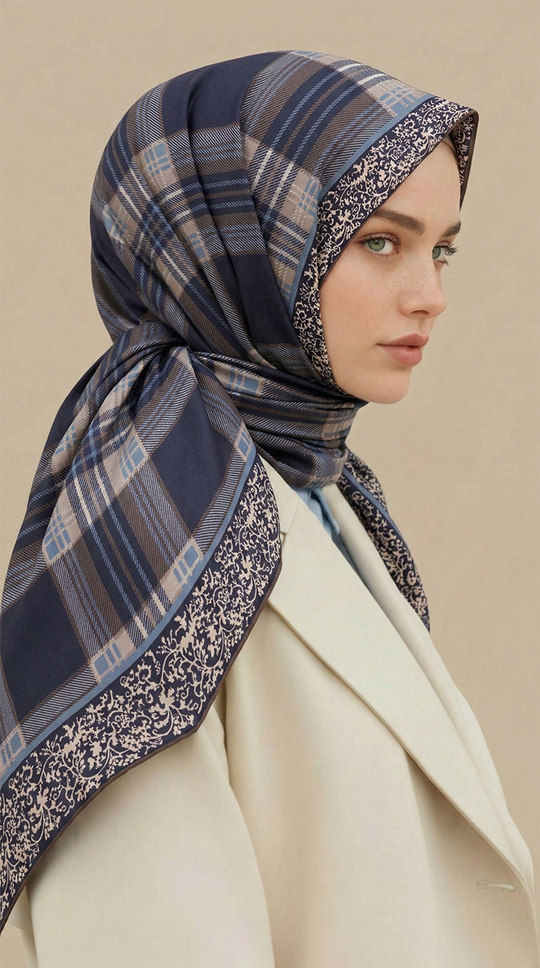 EKOSE DESENLİ 100*1OO CM COTTON EŞARP - LACİVERT / İNDİGO