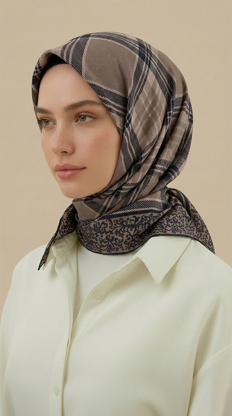 EKOSE DESENLİ 100*1OO CM COTTON EŞARP - SİYAH / BEJ