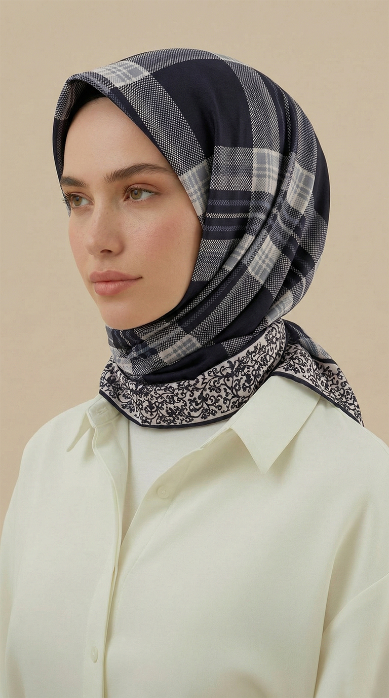 EKOSE DESENLİ 100*1OO CM COTTON EŞARP - SİYAH / BEYAZ