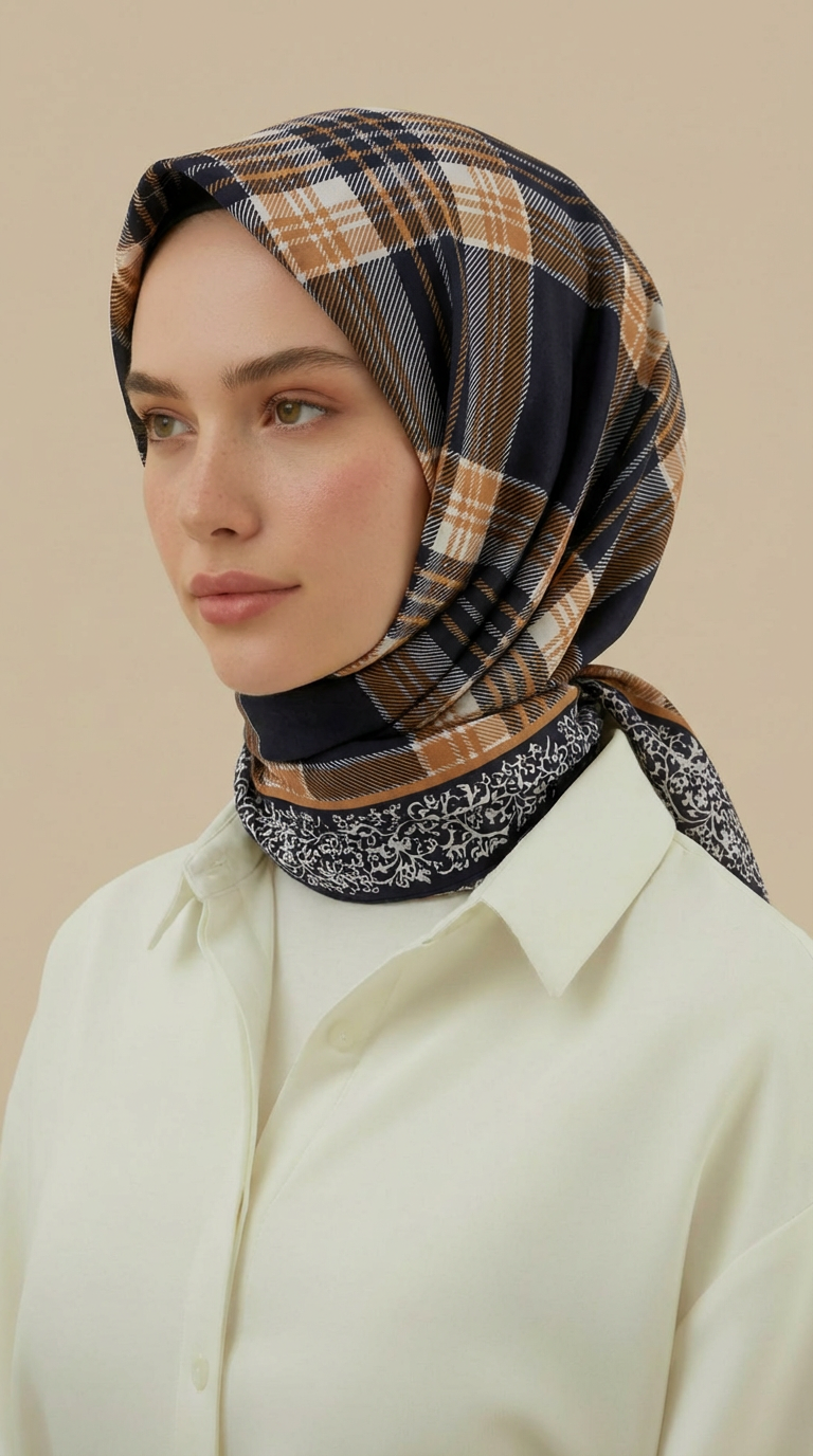EKOSE DESENLİ 100*1OO CM COTTON EŞARP  - SİYAH / TURUNCU