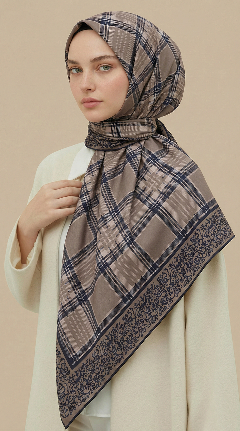 EKOSE DESENLİ 100*1OO CM COTTON EŞARP - SİYAH / BEJ