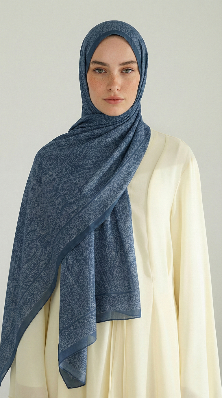 ELEGANT DESENLİ VUAL İPEK ŞAL -BEBE MAVİSİ