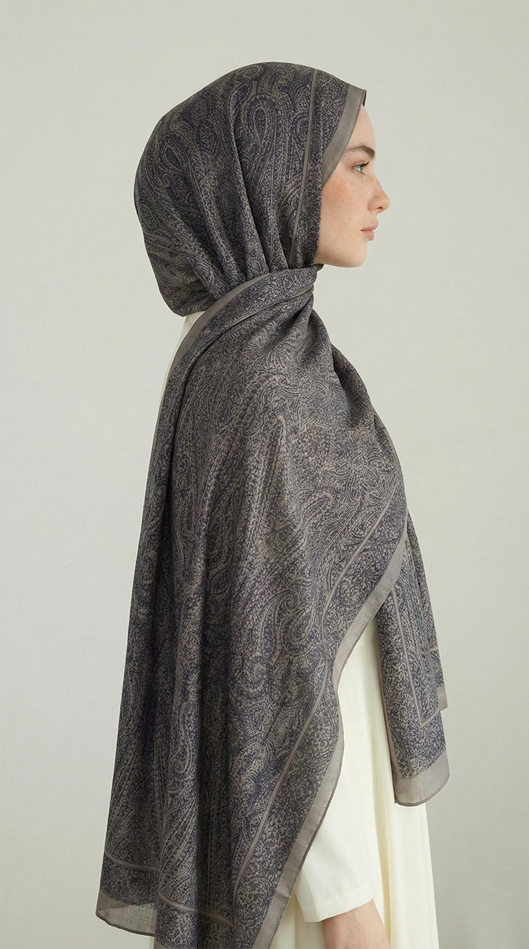 ELEGANT DESENLİ VUAL İPEK ŞAL -EKRU