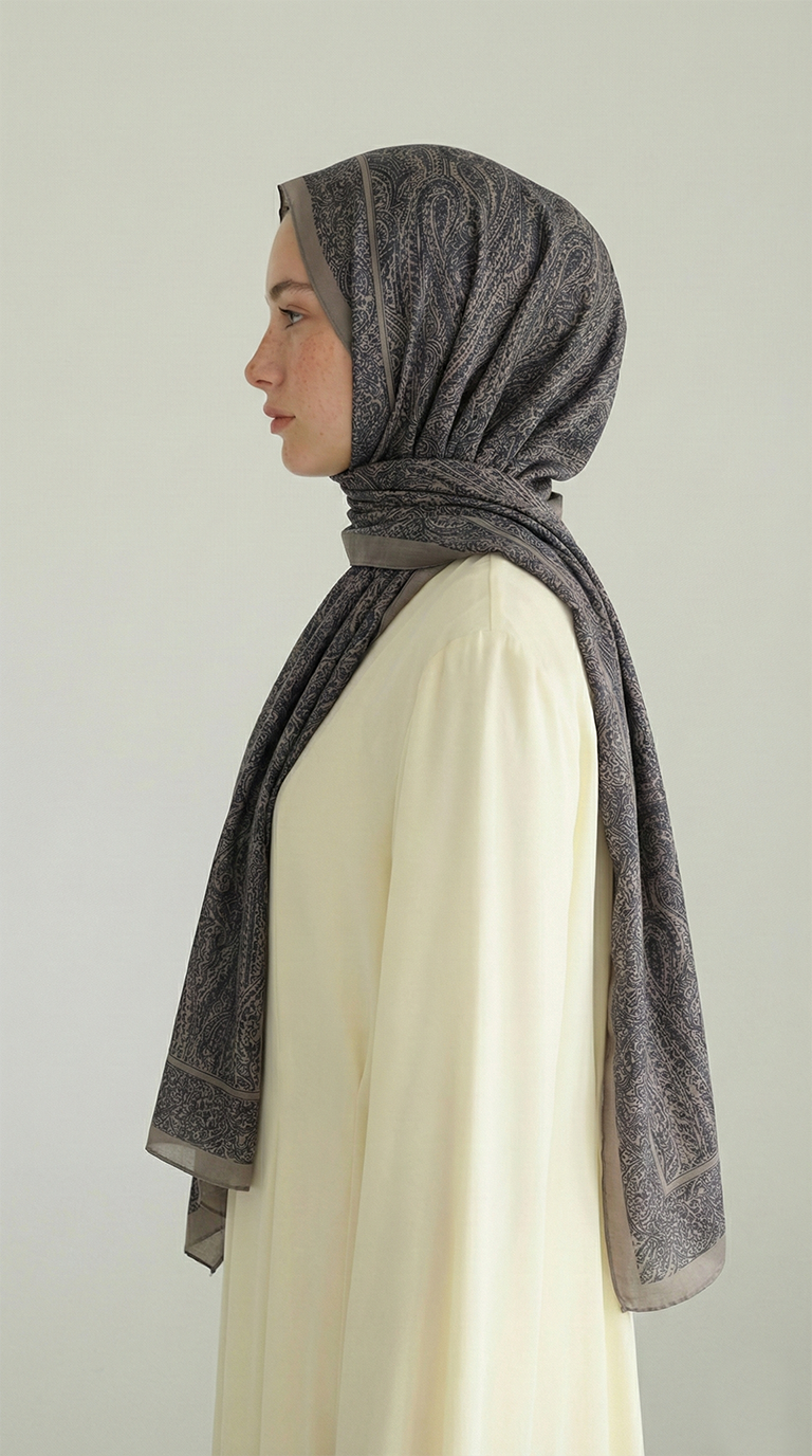 ELEGANT DESENLİ VUAL İPEK ŞAL -EKRU