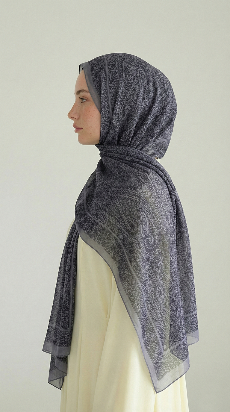 ELEGANT DESENLİ VUAL İPEK ŞAL -GRİ 
