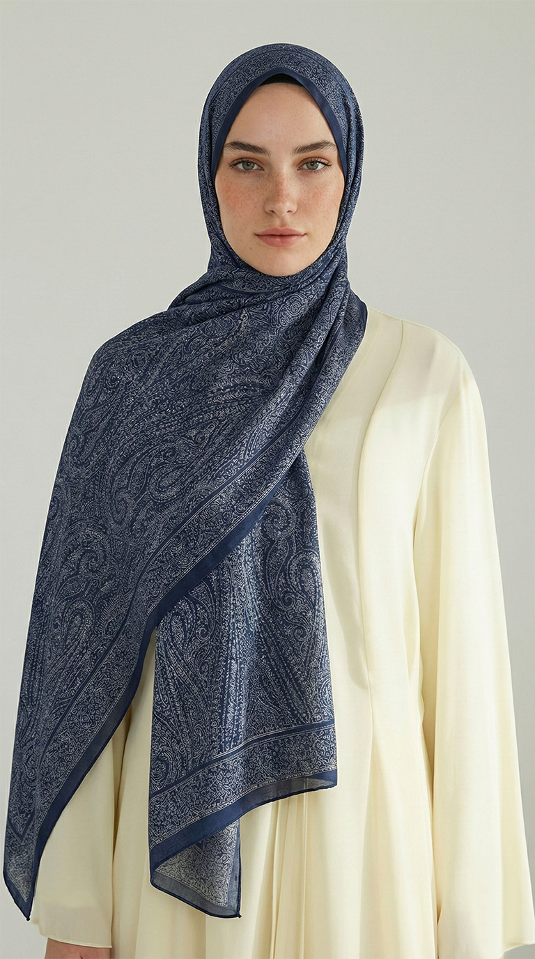 ELEGANT DESENLİ VUAL İPEK ŞAL -LACİVERT