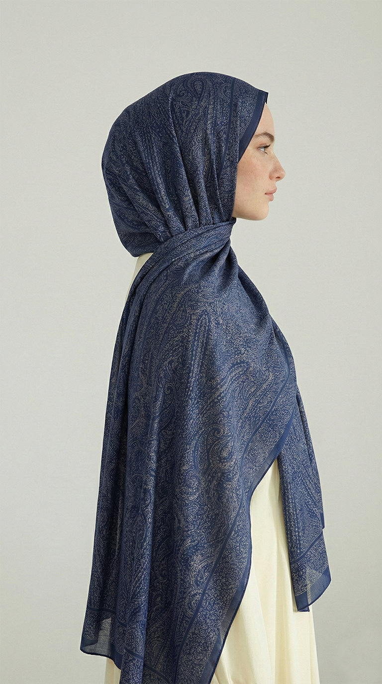 ELEGANT DESENLİ VUAL İPEK ŞAL -LACİVERT