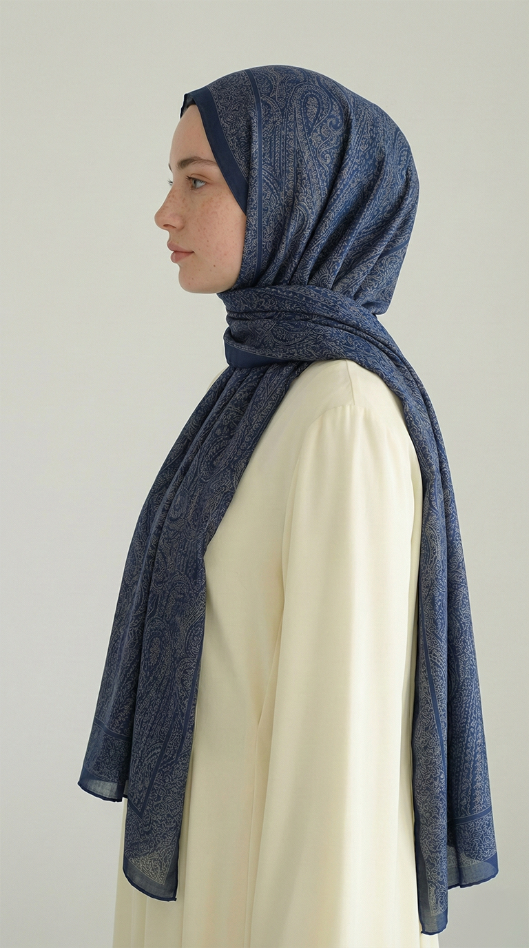 ELEGANT DESENLİ VUAL İPEK ŞAL -LACİVERT