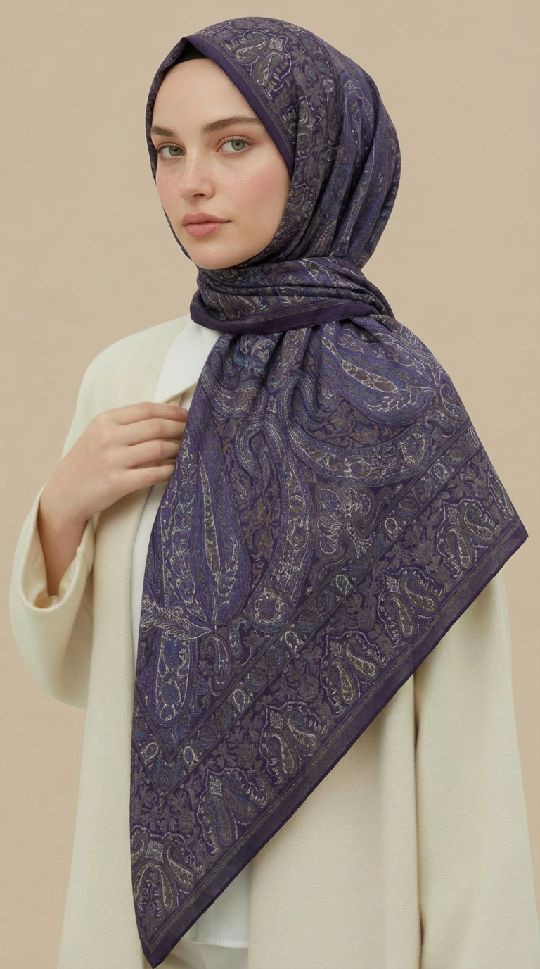 ETNİK DESEN 120 * 120 CM COTTON ŞAL EŞARP - LİLA / KREM