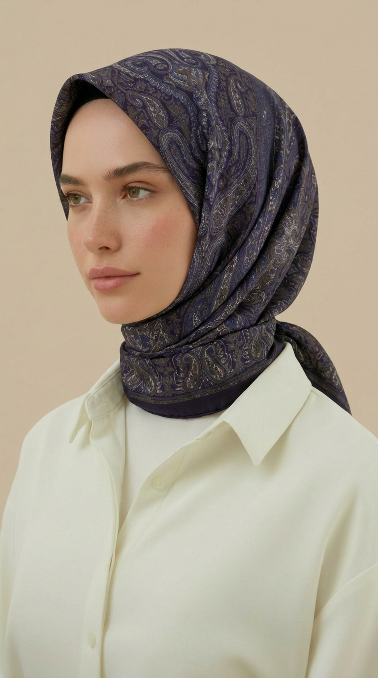 ETNİK DESEN 120 * 120 CM COTTON ŞAL EŞARP - LİLA / KREM