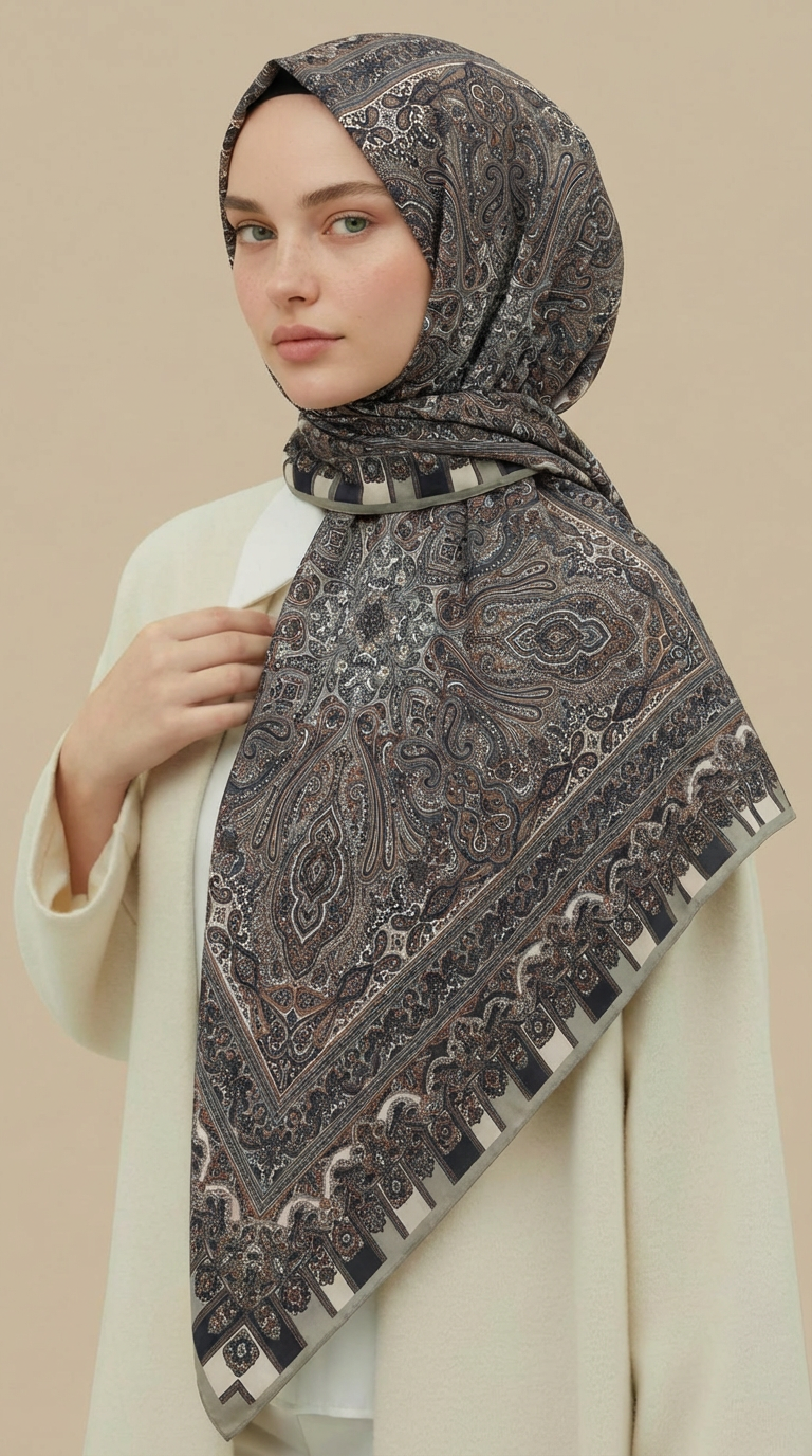 ETNİK DESEN 120 CM COTTON ŞAL EŞARP - KREM / GRİ