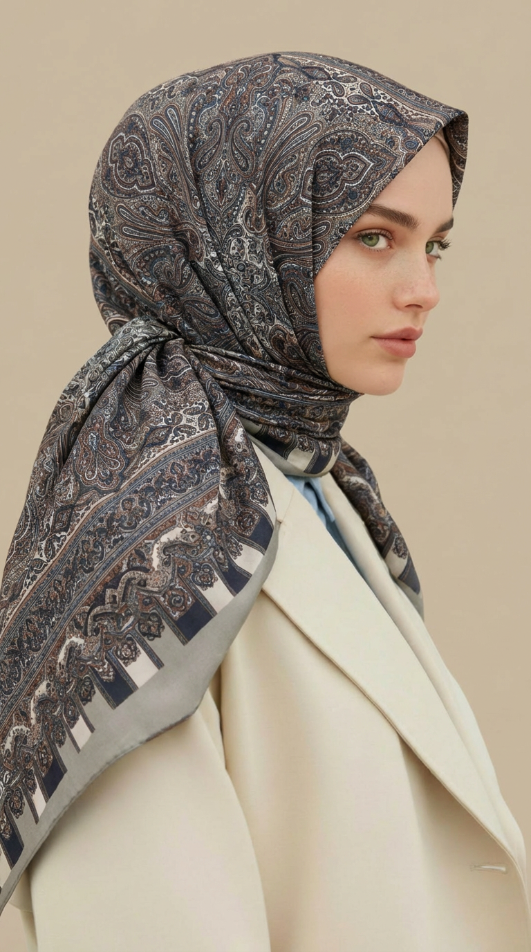 ETNİK DESEN 120 CM COTTON ŞAL EŞARP - KREM / GRİ