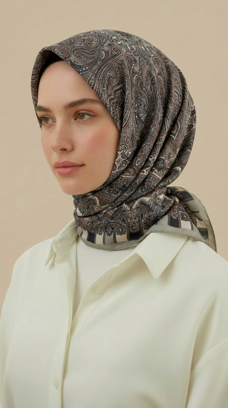 ETNİK DESEN 120 CM COTTON ŞAL EŞARP - KREM / GRİ