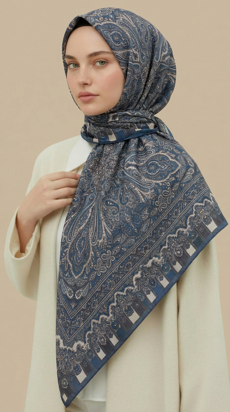 ETNİK DESEN 120 CM COTTON ŞAL EŞARP - LACİVERT