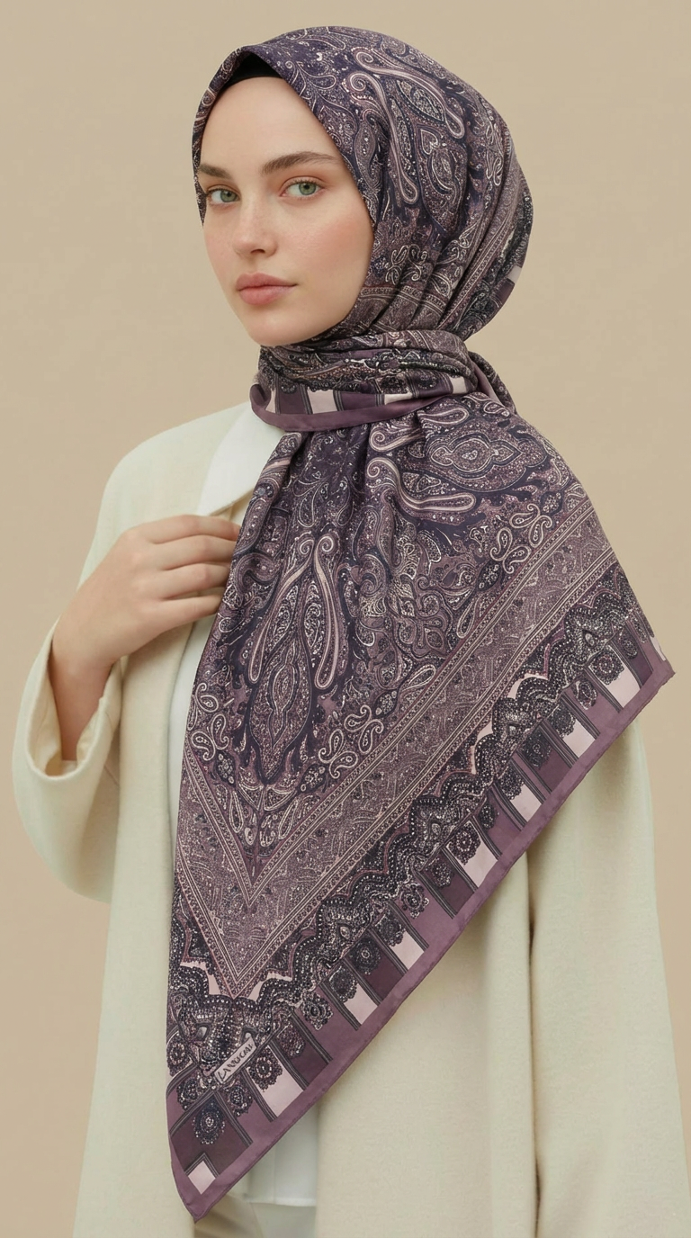 ETNİK DESEN 120 CM COTTON ŞAL EŞARP -  LİLA / GRİ