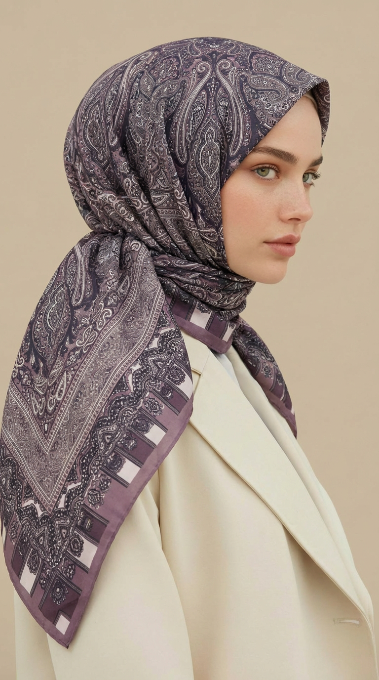 ETNİK DESEN 120 CM COTTON ŞAL EŞARP -  LİLA / GRİ