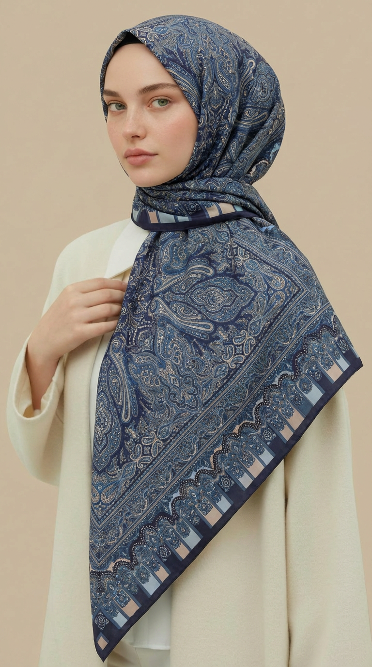 ETNİK DESEN 120 CM COTTON ŞAL EŞARP -MAVİ 