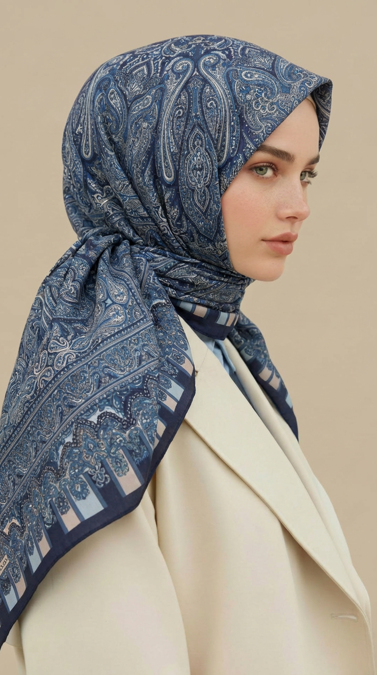 ETNİK DESEN 120 CM COTTON ŞAL EŞARP -MAVİ 