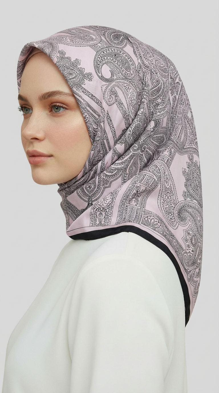 ETNİK DESEN TWİL POLYESTER EŞARP - GRİ / TOZ PEMBE