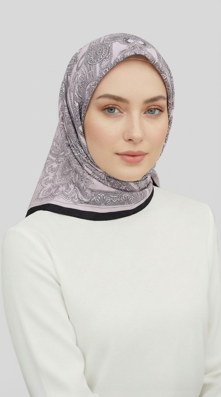ETNİK DESEN TWİL POLYESTER EŞARP - GRİ / TOZ PEMBE