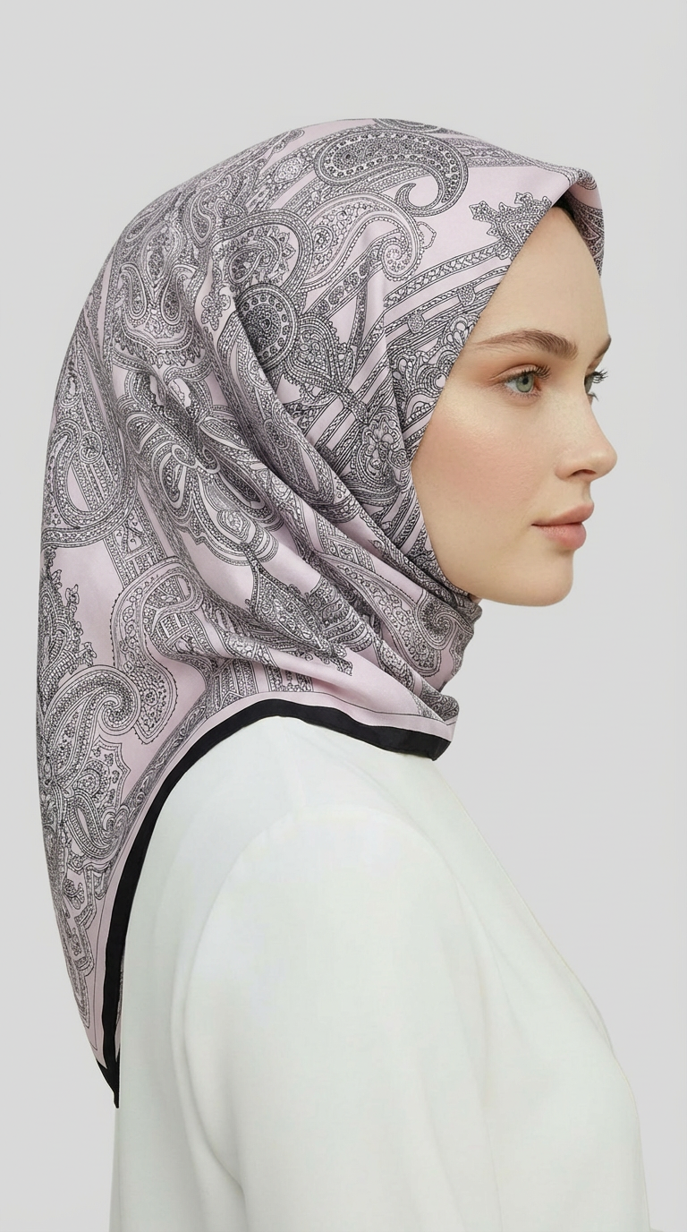 ETNİK DESEN TWİL POLYESTER EŞARP - GRİ / TOZ PEMBE