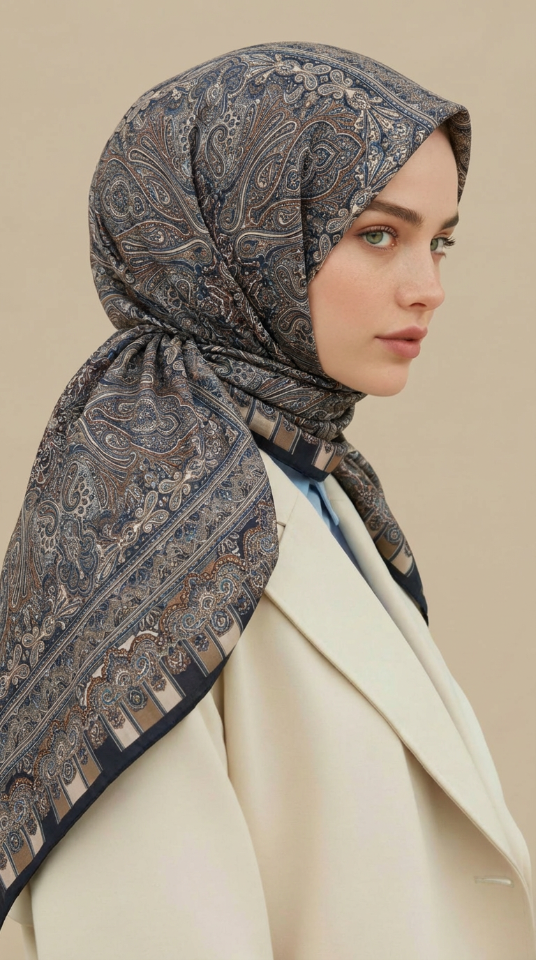 ETNİK DESENLİ 120*120 CM COTTON ŞAL EŞARP - LACİVERT / BEJ