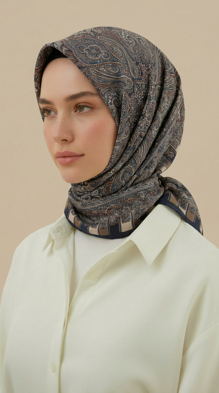 ETNİK DESENLİ 120*120 CM COTTON ŞAL EŞARP - LACİVERT / BEJ