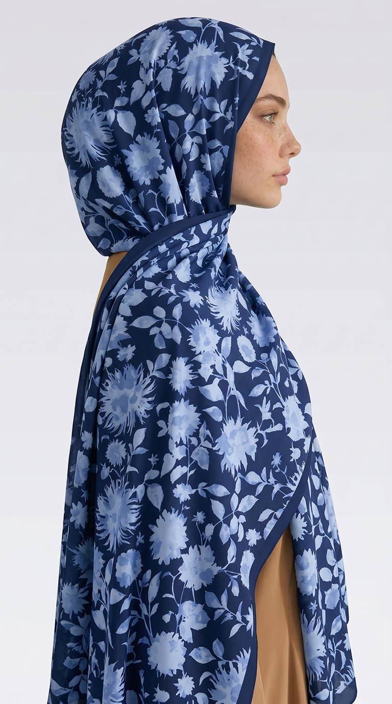 FLORA DESENLİ COTTON ŞAL - LACİVERT