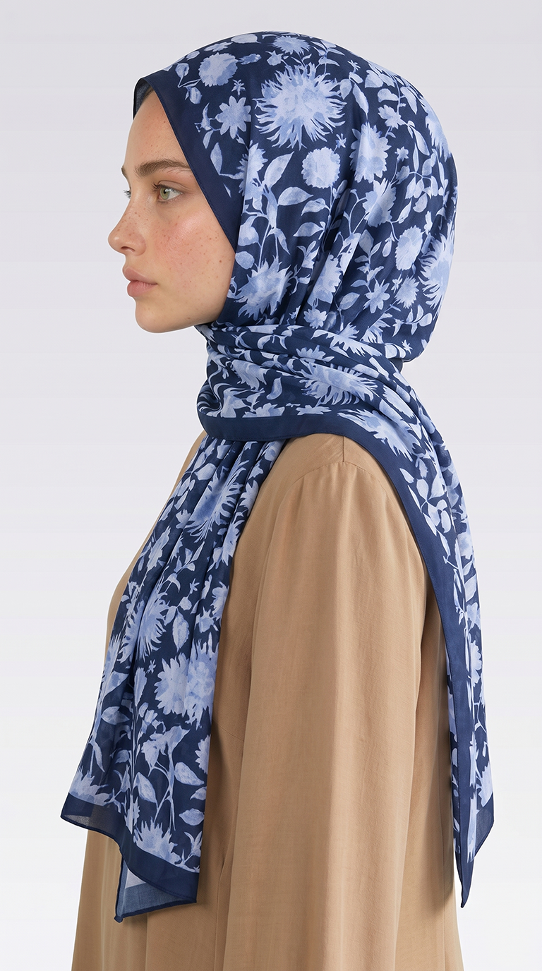 FLORA DESENLİ COTTON ŞAL - LACİVERT