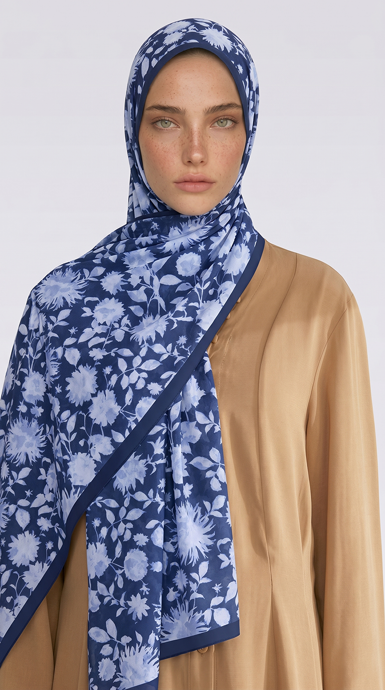 FLORA DESENLİ COTTON ŞAL - LACİVERT