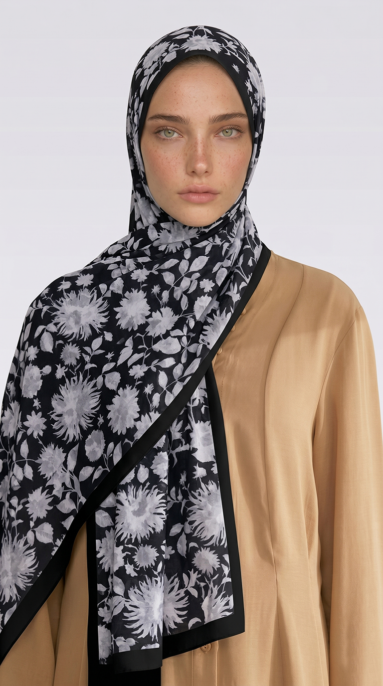 FLORA DESENLİ COTTON ŞAL - SİYAH / GRİ