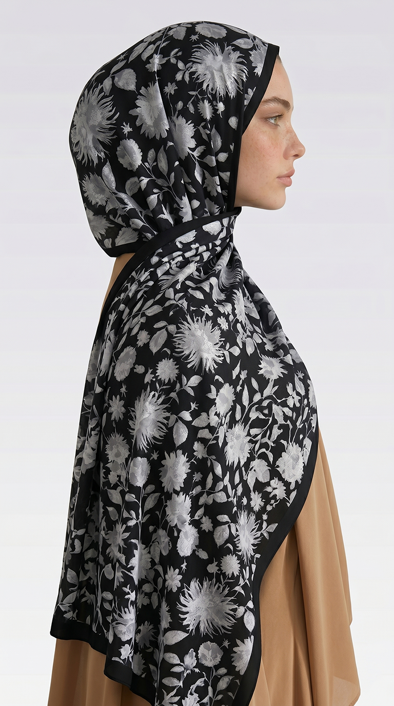 FLORA DESENLİ COTTON ŞAL - SİYAH / GRİ