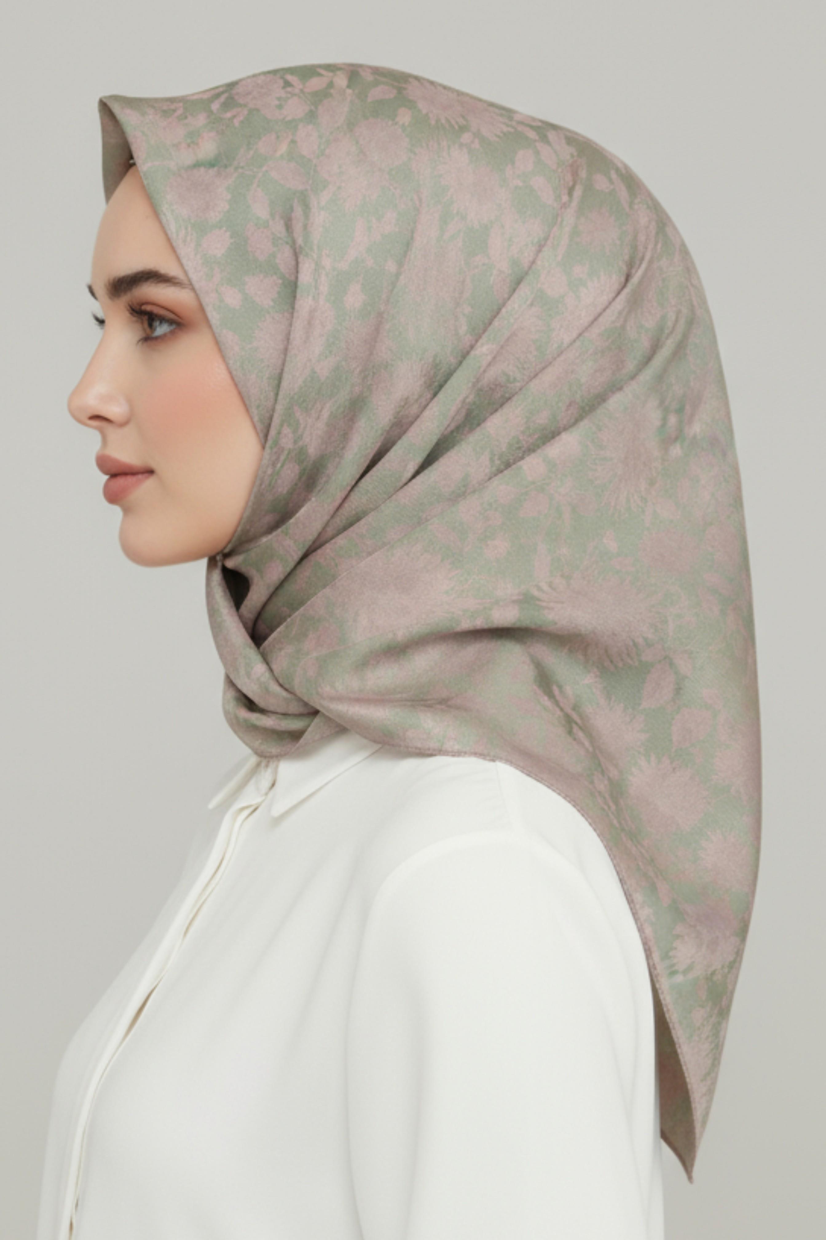 KARACA ÇİÇEK DESEN DOĞAL ELYAF EŞARP - SU YEŞİLİ 