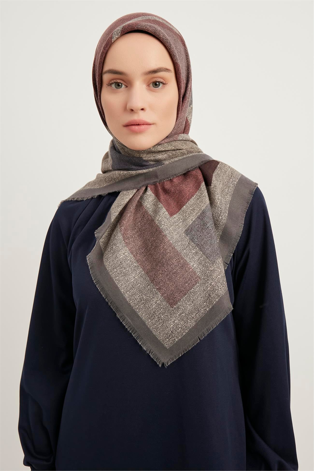 Karaca Yün Eşarp -  GRİ/BORDO
