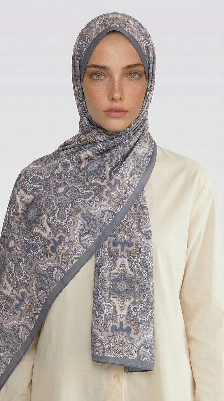 LARA MOTİF DESENLİ COTTON ŞAL - GRİ / EKRU